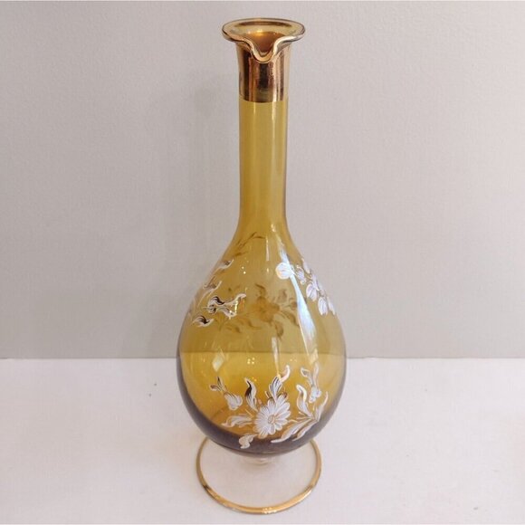 Vtg Italy Hand Blown Glass Wine Decanter Amber Gold White Floral Hand Painted - Picture 3 of 15